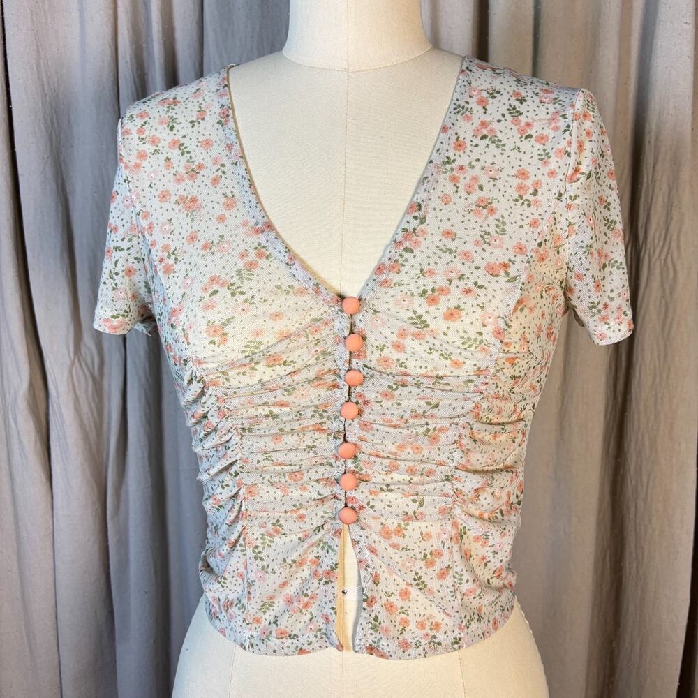 Floral Mesh Ruched Button Front Crop Top Sheer Stretchy Medium Coquette Ethereal